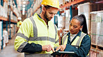 Discussion, people or tablet in warehouse for logistics, problem solving or inventory management. App, distribution team or digital checklist in supply chain with pointing, software or backlog system
