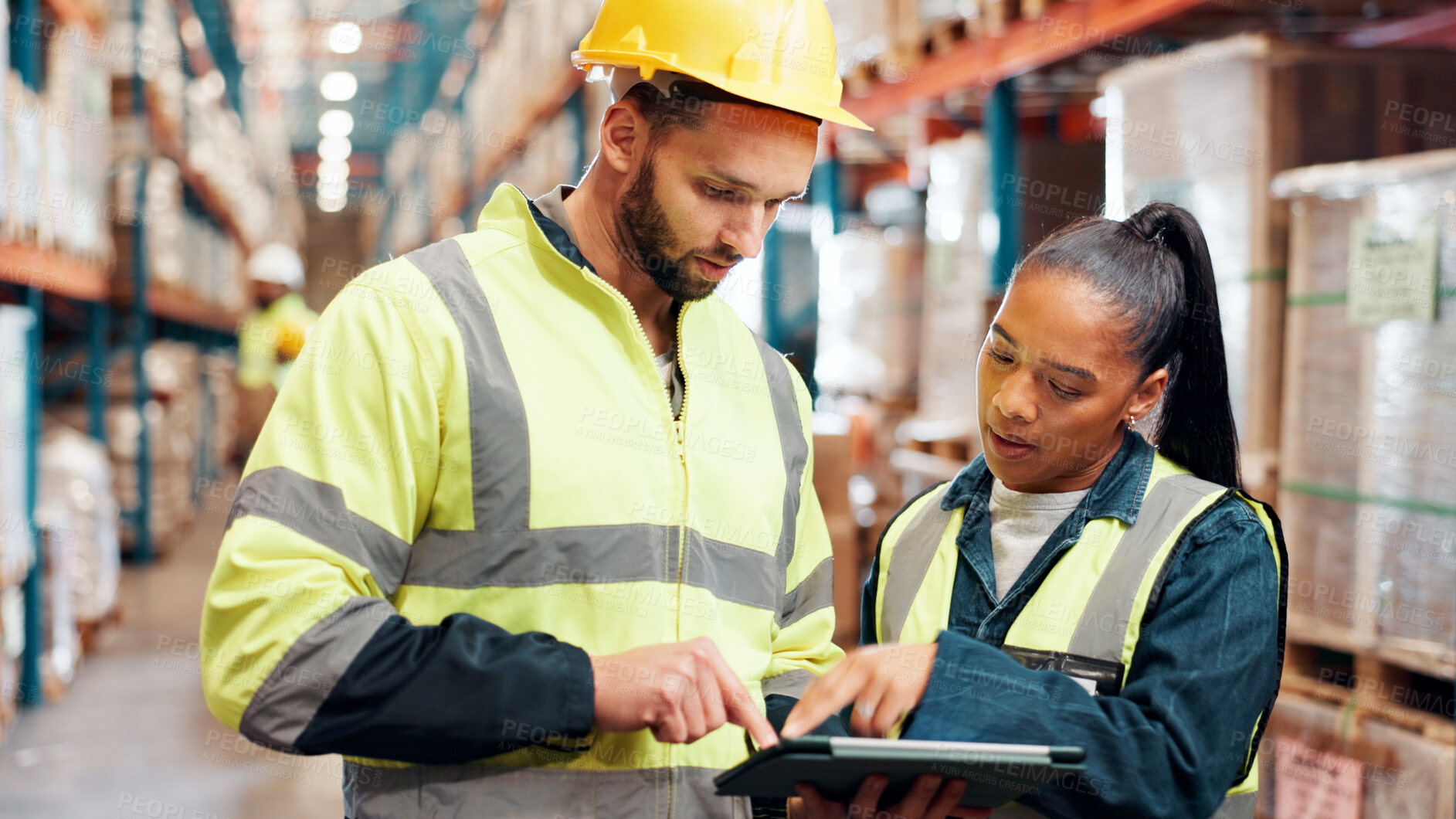 Buy stock photo Discussion, people or tablet in warehouse for logistics, problem solving or inventory management. App, distribution team or digital checklist in supply chain with pointing, software or backlog system