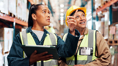 Buy stock photo Discussion, women or tablet in warehouse for logistics, problem solving or inventory management. App, distribution team or digital checklist in supply chain with pointing, counting or backlog system