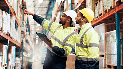 Buy stock photo Discussion, men or tablet in supply chain for logistics, supplier or inventory management. App, distribution team or digital checklist in warehouse with pointing, counting or update backlog system