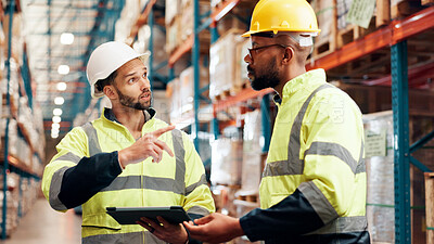 Buy stock photo Men, tablet and discussion for logistics at warehouse with schedule, planning or inventory management. People, team and digital touchscreen with application for supply chain, distribution or shipping