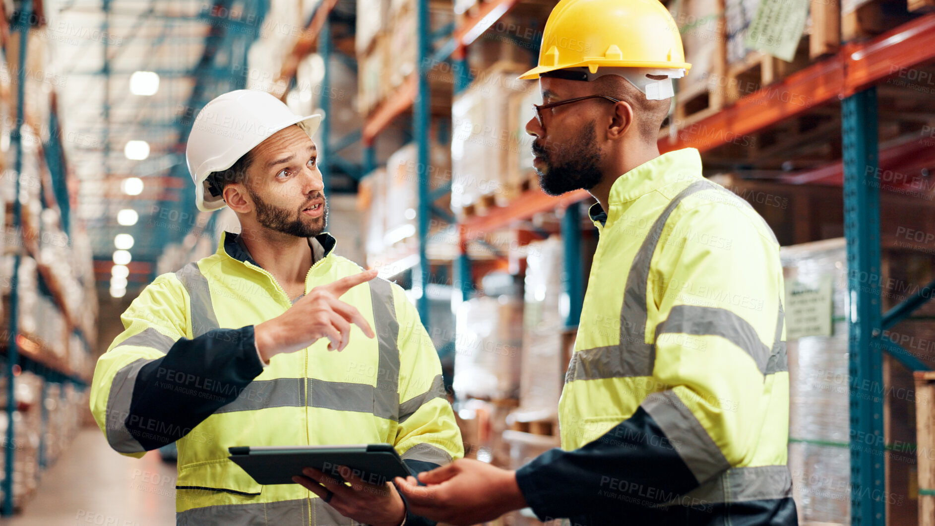 Buy stock photo Men, tablet and discussion for logistics at warehouse with schedule, planning or inventory management. People, team and digital touchscreen with application for supply chain, distribution or shipping