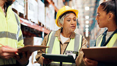 Buy stock photo Distribution, tablet and team in factory, clipboard and conversation with planning for inventory. Group, manager and people with tech, mentor and advice for inspection, logistics and quality check
