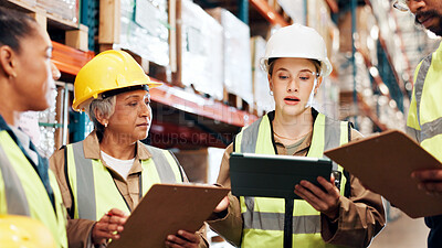 Buy stock photo Distribution, tablet and team with clipboard, logistics and conversation with planning for inventory. Quality check, manufacturing or people in factory, tech and advice for inspection and cooperation