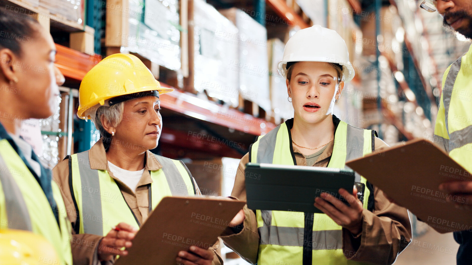 Buy stock photo Distribution, tablet and team with clipboard, logistics and conversation with planning for inventory. Quality check, manufacturing or people in factory, tech and advice for inspection and cooperation