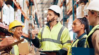 Buy stock photo Distribution, tablet and team with supply chain, clipboard and conversation with planning for shipping. Group, manager and people with tech, quality check and advice for inspection, logistics or help