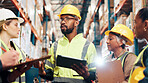 Logistics, tablet and team in warehouse, clipboard or quality check with planning for inventory. Group, manufacturing or people in factory, tech or advice for inspection, distribution or supply chain