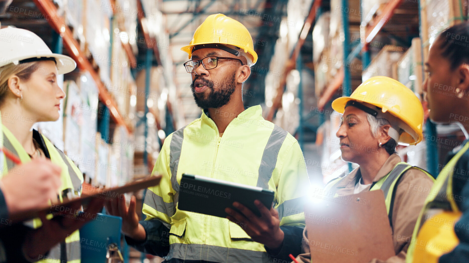 Buy stock photo Logistics, tablet and team in warehouse, clipboard or quality check with planning for inventory. Group, manufacturing or people in factory, tech or advice for inspection, distribution or supply chain
