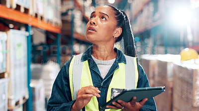 Buy stock photo Thinking, supply chain and woman in warehouse, tablet and quality check with inventory. Person, employee and ecommerce in factory, tech and counting with distribution, storage or app for online order