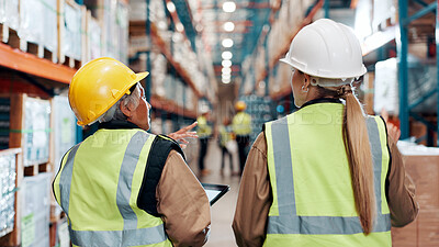 Buy stock photo Back, people and tablet in warehouse for logistics, counting stock and inventory management of freight. Women, distribution team or digital checklist in supply chain with point for backlog inspection