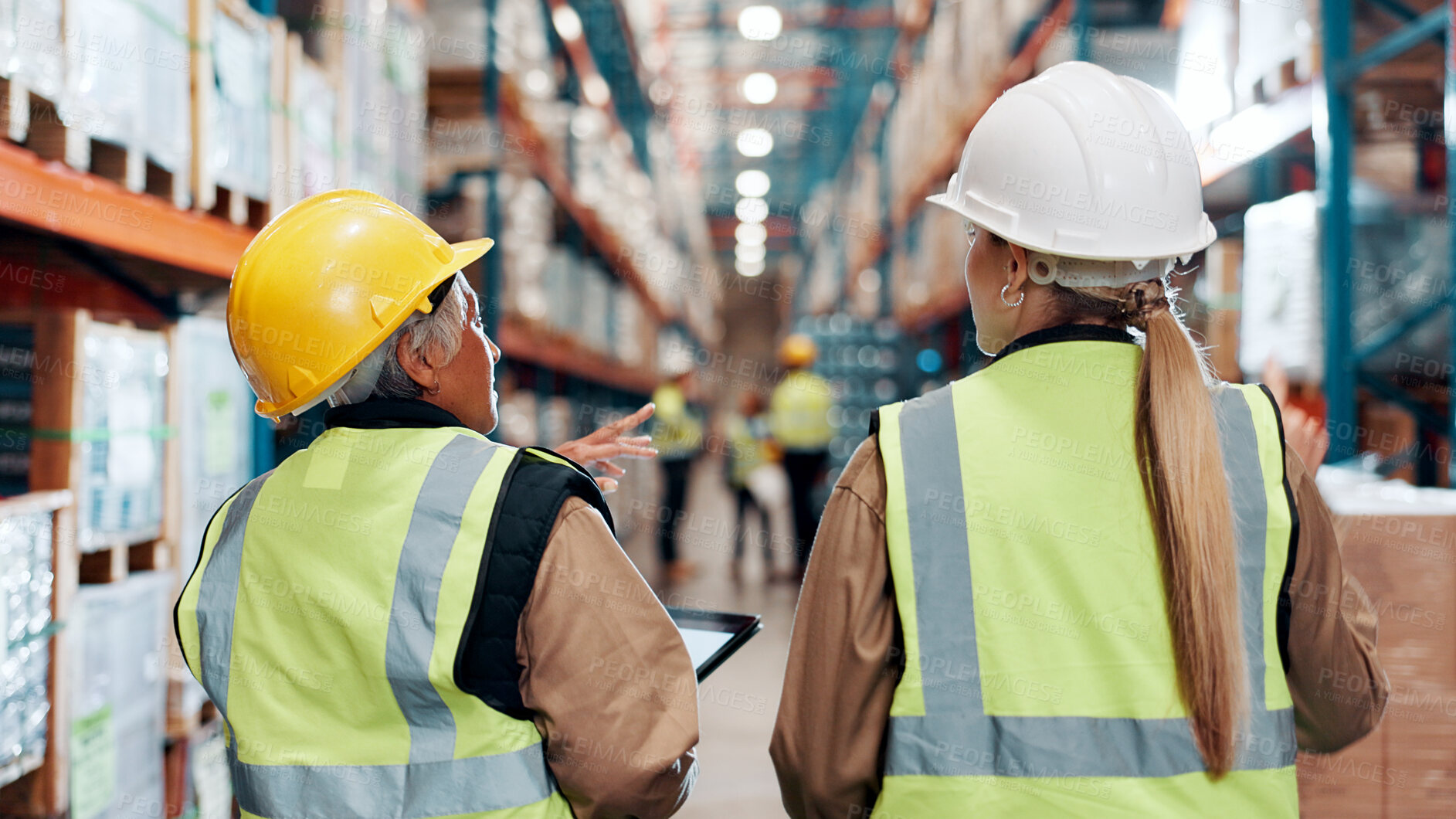 Buy stock photo Back, people and tablet in warehouse for logistics, counting stock and inventory management of freight. Women, distribution team or digital checklist in supply chain with point for backlog inspection