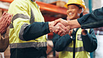People, logistics and shaking hands in warehouse with smile, business deal and colleague support with applause. Distribution team, handshake and happy in factory with partnership for export agreement
