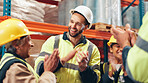 Man, applause and group with logistics at warehouse, tablet or success for promotion in shipping industry. People, team and smile for goal, cheers or celebration with praise at plant for supply chain