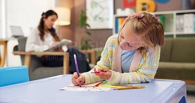 Buy stock photo Drawing, kid and psychology with woman in office for consulting, child development and art therapy. Education therapist, advice and mental health evaluation with person and girl in clinic for exam