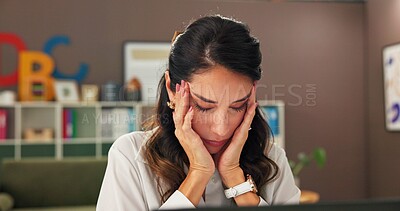 Buy stock photo Anxiety, education and laptop with woman teacher at desk in office for burnout or stress. Computer, headache and tired with mature educator at school for fatigue, migraine or planning of curriculum