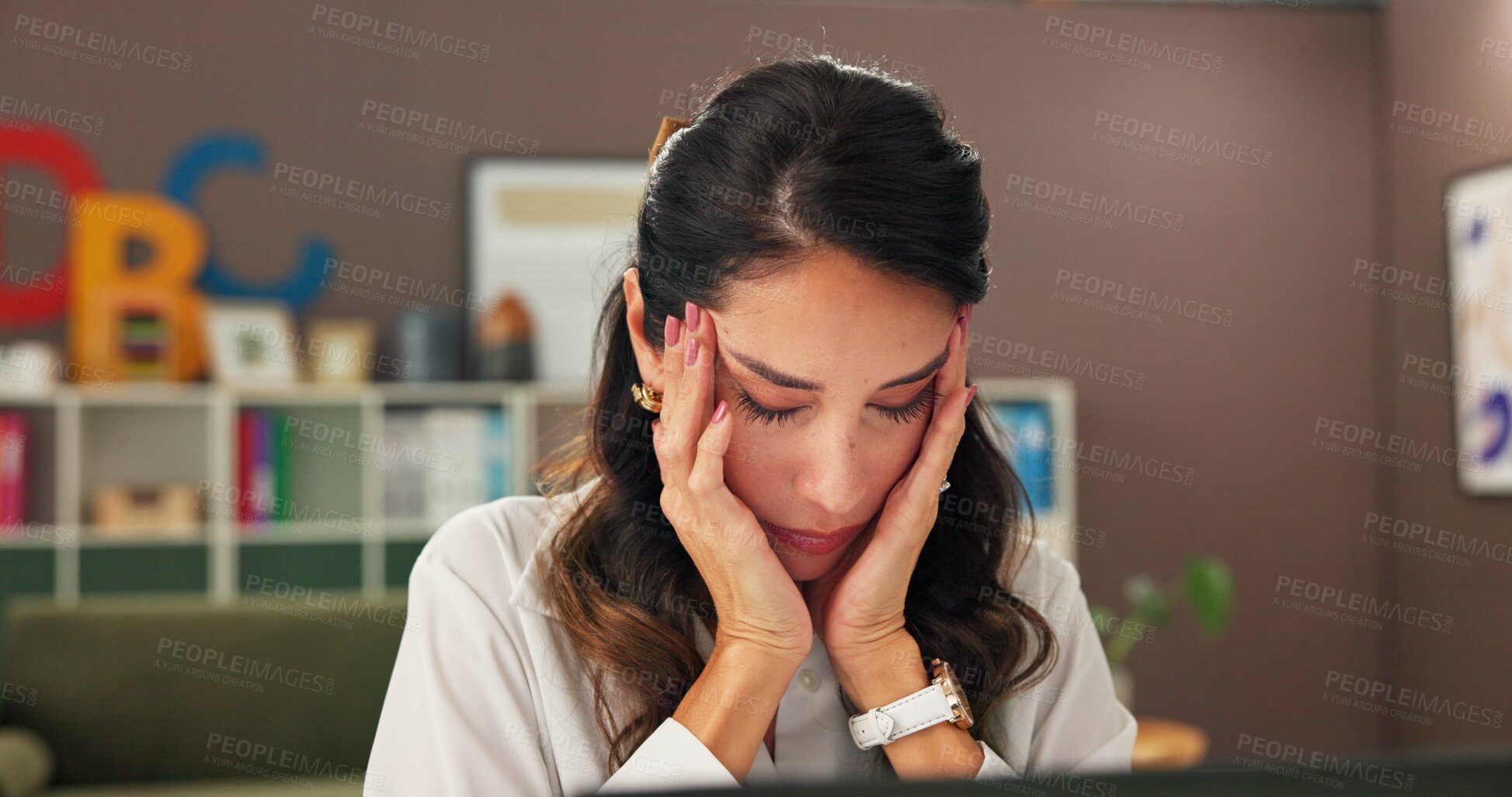 Buy stock photo Anxiety, education and laptop with woman teacher at desk in office for burnout or stress. Computer, headache and tired with mature educator at school for fatigue, migraine or planning of curriculum