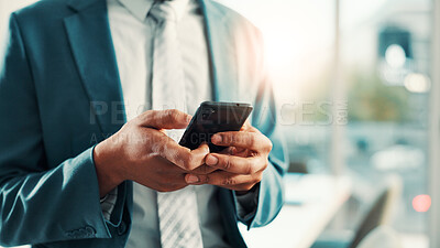 Buy stock photo Phone, hands and black man in office with communication, contact or business networking. Connectivity, cellphone and African financial manager with email for finance report with client in workplace.