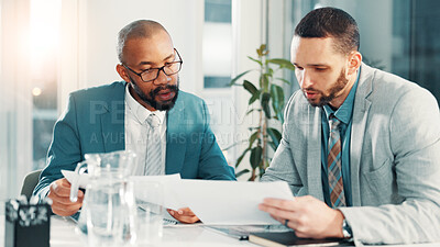 Buy stock photo Teamwork, meeting and documents with business people in office for project proposal, account advisor or planning. Budget adviser, company treasurer and brainstorming with employees for revenue review