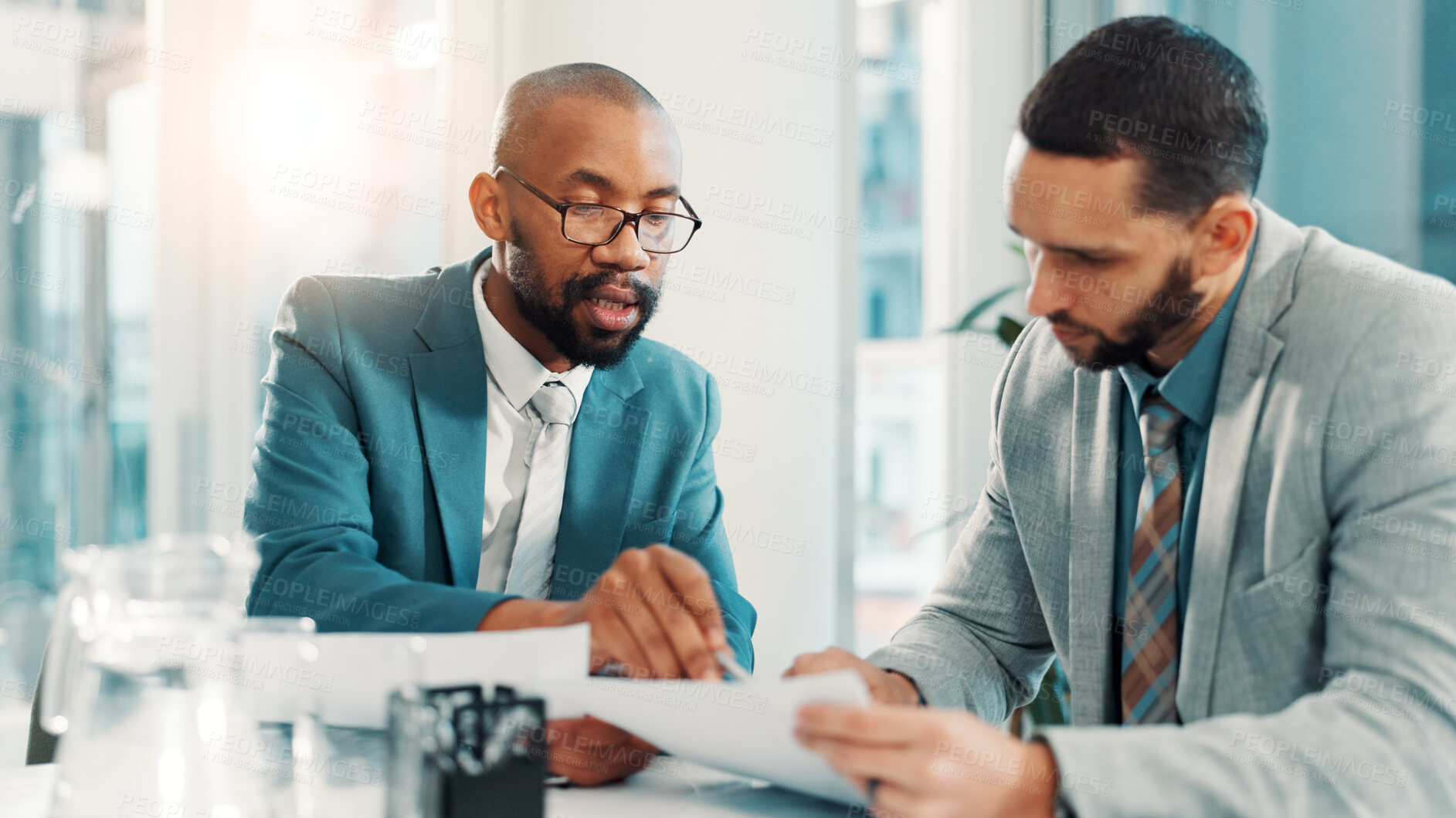 Buy stock photo Teamwork, planning and documents with business people in office for project proposal, account advisor or research. Budget adviser, company treasurer and paperwork with employees for revenue review