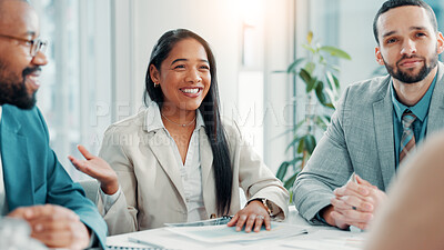Buy stock photo Interview, recruitment and smile with business people in boardroom of office for hiring process. Human resources, onboarding and opportunity with employee team speaking to candidate for job vacancy