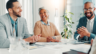 Buy stock photo Applause, interview and recruitment with business people in boardroom of office for hiring success. Clapping, human resources and opportunity with employee team speaking to candidate for job vacancy