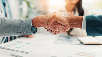 Buy stock photo Shaking hands, paperwork and business people in office with meeting for deal, agreement or partnership. Corporate, documents and finance manager with client for handshake on investment contract.