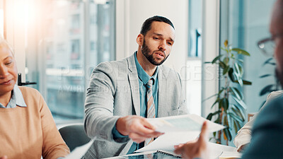 Buy stock photo Interview, recruitment and resume with business people in boardroom of office for hiring process. Documents, human resources and opportunity with employee team speaking to candidate for job vacancy