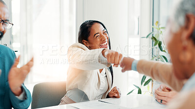Buy stock photo Business people, team and fist bump for success, celebration or clapping for financial agreement in office. Excited, hands together and achievement of goal, target or well done with investment deal