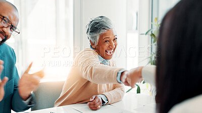Buy stock photo Business people, excited group and fist bump for success, celebration or clapping for financial agreement in office. Laugh, hands together or achievement of goal, target or praise for investment deal