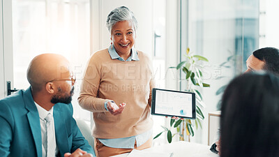 Speaker, people and tablet screen for finance presentation of budget review, financial stats and graphs. Team, digital and charts for proposal, pitch information and profit report for company revenue
