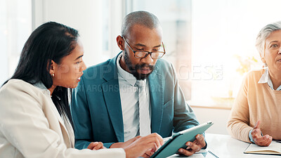 Buy stock photo Teamwork, meeting and tablet with business people in office for project proposal, account advisor and planning. Budget adviser, company treasurer and brainstorming with employees for revenue review