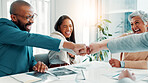 Team, business people and fist bump for motivation, success or celebration for financial profit in office. Excited, hands together or achievement of goal, solidarity or well done with investment deal