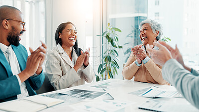 Buy stock photo Business people, laugh and group clapping in office for success, excited or celebrate financial profit. Achievement, cheers and team applause for goal, excellence and well done with investment deal