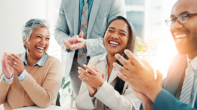 Buy stock photo Business people, laugh and audience clapping for support, success or celebrate milestone at conference. Achievement, cheers or team applause for goal or excited for seminar presentation in office