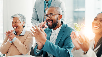 Buy stock photo Business people, laughing or audience clapping for support, success or celebrate milestone at conference. Humor, funny joke or team applause for goal, praise or achievement for excellence at meeting
