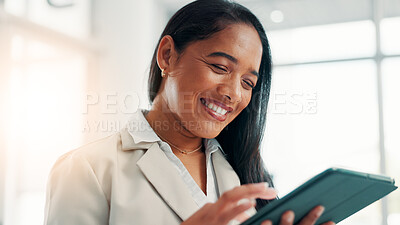 Buy stock photo Business, smile and tablet with woman in office for corporate research or online planning. App, development and information with happy employee in professional workplace for connectivity or update