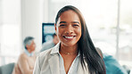 Portrait, smile and business woman in office as corporate compliance officer in meeting. Happy worker, professional and confident employee coworking with policy development coordinator with ambition
