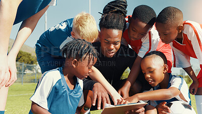 Buy stock photo Soccer, children and coach with clipboard for team, training and formation on field. Man, football group and planning game for strategy, discussion and exercise for tournament or goal practice