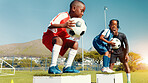 Black kids, jumping and ball for soccer practice of fitness training, balance exercise and sports drill. Boys, box and equipment for playing game, learning skills and team challenge of match activity