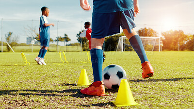 Buy stock photo Sports field, legs and children with ball, energy and athlete with coach for practice in morning and cardio. Outdoor, football and kids with sportswear for game, growth and development with fitness