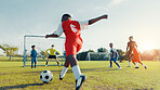 Sports field, goal and soccer player with skills, children and athlete with energy for match and cardio. Playing, football and kids with sportswear for game, growth and development of boys or fitness