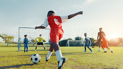 Buy stock photo Sports field, goal and soccer player with skills, children and athlete with energy for match and cardio. Playing, football and kids with sportswear for game, growth and development of boys or fitness