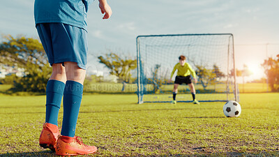 Buy stock photo Penalty kick, boys or legs of football player with goalkeeper for outdoor game or match in kids tournament. Sports, children and soccer athlete with ball on grass at practice on field at stadium 