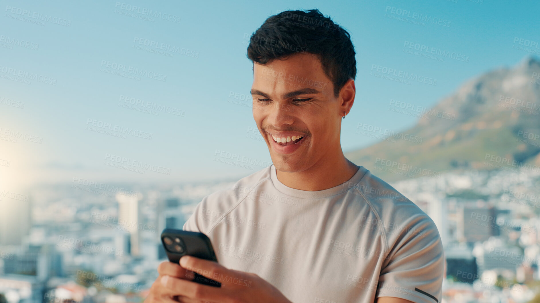 Buy stock photo Happy man, fitness or typing with phone in nature for social media, workout app or connection. Active, male person or user with smile on mobile smartphone for network, exercise or health and wellness