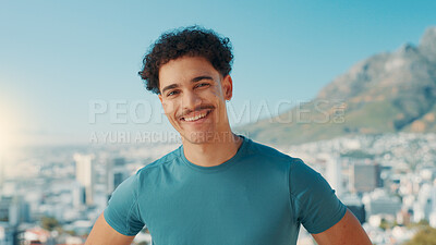Buy stock photo Portrait, smile and man in city, training and confidence with wellness, pride and exercise. Face, happy person and outdoor with runner, challenge and workout goals with practice, fitness and balance