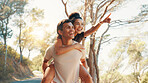Running, piggyback and support with couple in nature for fitness, workout partner and health. Wellness, exercise club and smile with man and woman outdoor for performance, training and challenge