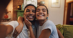 Happy couple, portrait and hug with selfie for picture, photography or memory together at home. Face, man and woman with smile or embrace in joy for love, care or capture moment on sofa at house