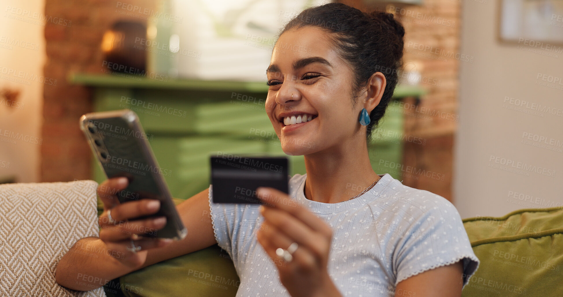 Buy stock photo Home, credit card and woman on sofa, smartphone and financial transactions with savings, smile and investment. Ecommerce, online shopping or person with internet, cellphone or digital app for banking