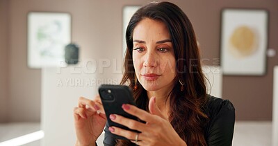 Buy stock photo Creative, woman and reading with phone at gallery for research, artwork information and schedule event. Female curator, mobile and social media reviews, online auction and art catalog for exhibition