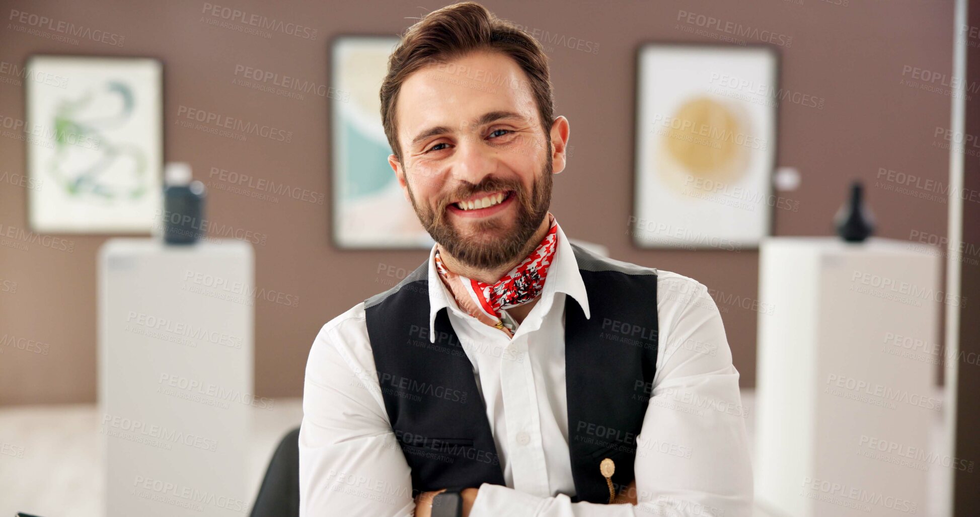 Buy stock photo Happy man, confidence and portrait of curator at art gallery for creative career as exhibition coordinator. Smile, museum and professional artwork director with arms crossed for pride in France
